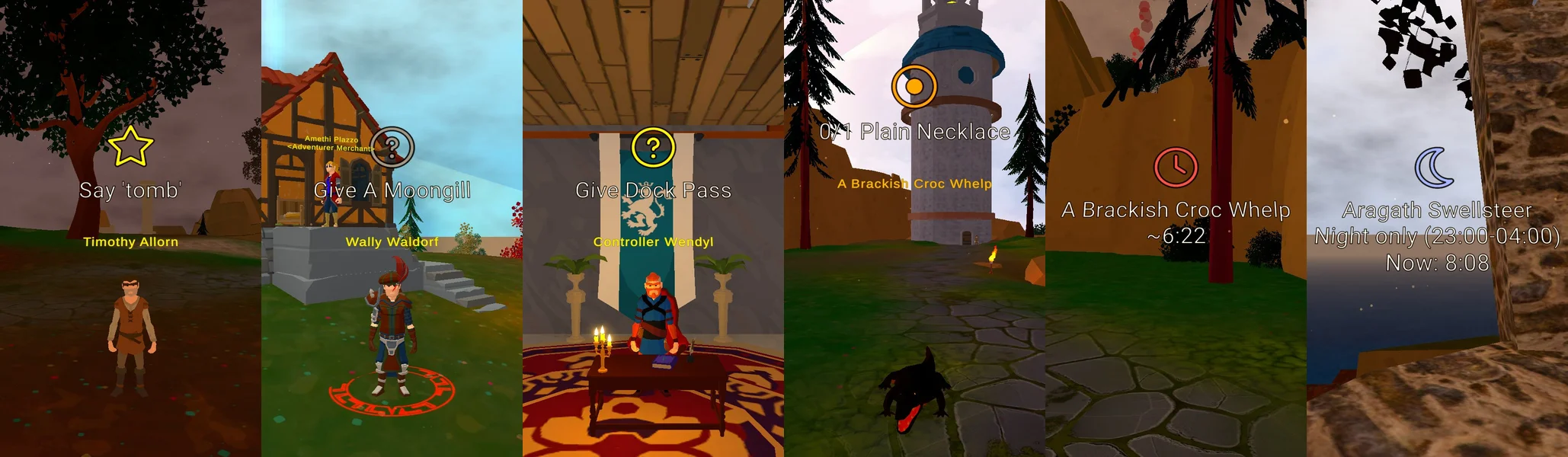 World markers above NPCs showing quest state and respawn timers