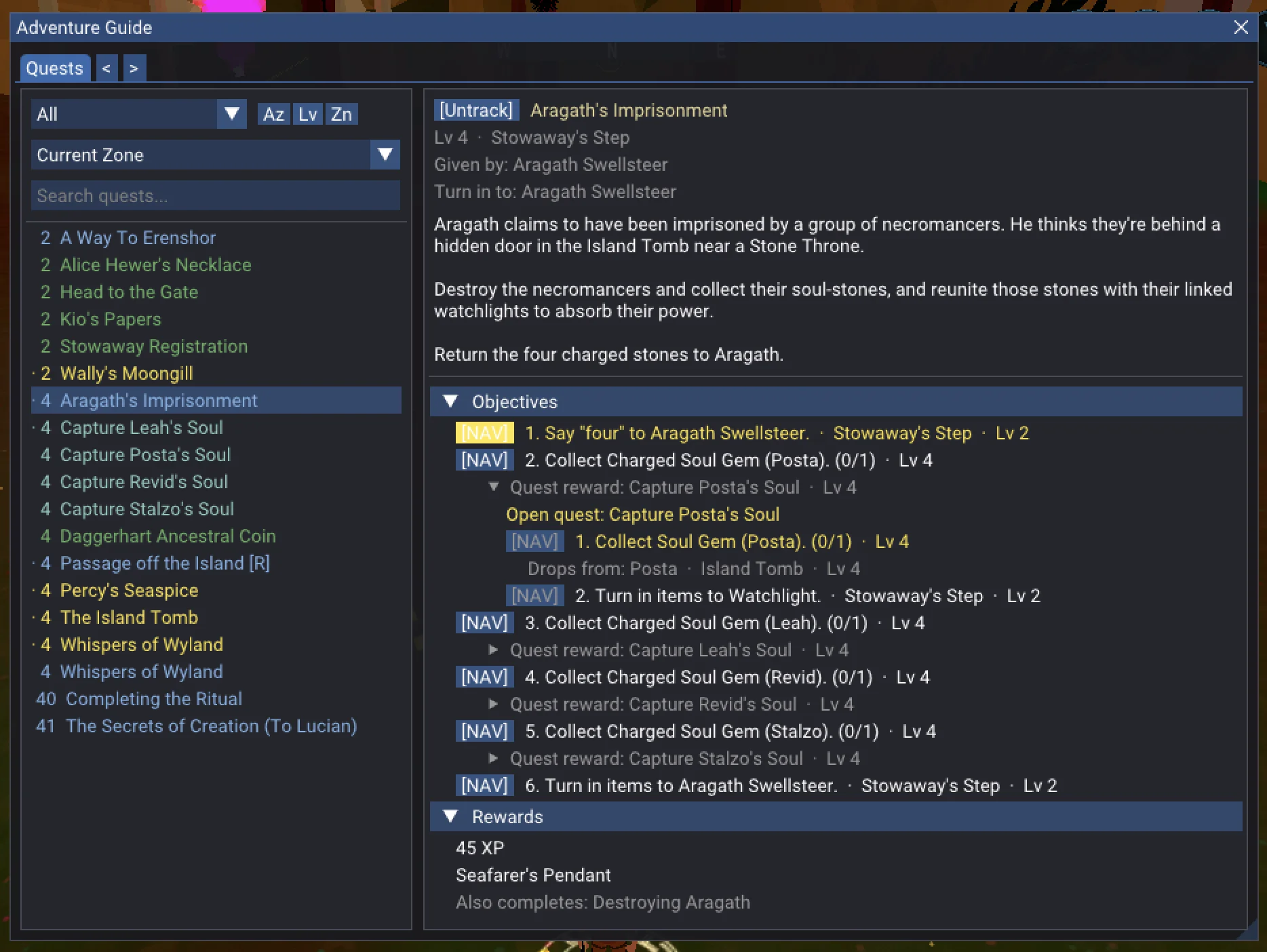 Quest window with walkthroughs and navigation buttons